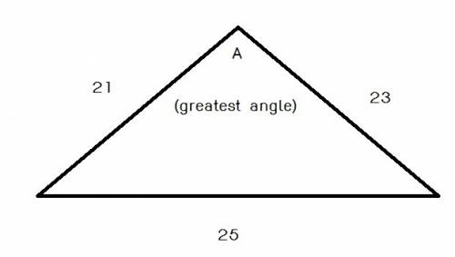 What is the measure of the greatest angle of a triangle if the side lengths are 21m, 23m, and 25m