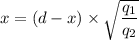 x=(d-x)\times\sqrt{\dfrac{q_{1}}{q_{2}}}