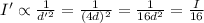 I' \propto \frac{1}{d'^2}=\frac{1}{(4d)^2}=\frac{1}{16 d^2}=\frac{I}{16}