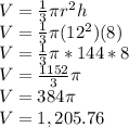 V = \frac{1}{3}\pi r^2h\\V = \frac{1}{3}\pi (12^2)(8)\\V=\frac{1}{3}\pi *144*8\\V = \frac{1152}{3}\pi \\V= 384\pi \\V=1,205.76