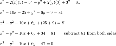 x^2-2(x)(5)+5^2+y^2+2(y)(3)+3^2=81\\\\x^2-10x+25+y^2+6y+9=81\\\\x^2+y^2-10x+6y+(25+9)=81\\\\x^2+y^2-10x+6y+34=81\qquad\text{subtract 81 from both sides}\\\\x^2+y^2-10x+6y-47=0