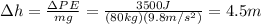 \Delta h =\frac{\Delta PE}{mg}=\frac{3500 J}{(80 kg)(9.8 m/s^2)}=4.5 m