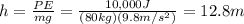 h=\frac{PE}{mg}=\frac{10,000 J}{(80 kg)(9.8 m/s^2)}=12.8 m