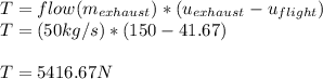 T = flow(m_{exhaust})*(u_{exhaust} - u_{flight} )\\T = (50 kg/s ) * (150 - 41.67)\\\\T = 5416.67 N