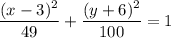 \dfrac{(x-3)^2}{49}+\dfrac{(y+6)^2}{100}=1