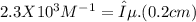 2.3 X 10^{3}M^{-1} = ε.(0.2 cm)
