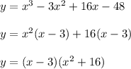 y=x^3-3x^2+16x-48\\\\ y=x^2(x-3)+16(x-3)\\\\ y=(x-3)(x^2+16)