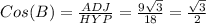 Cos(B)= \frac{ADJ}{HYP}= \frac{9 \sqrt{3}}{18}= \frac{ \sqrt{3}}{2}