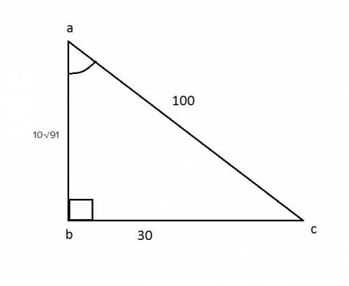 In △abc, ∠b is a right angle, ab=1091√ab¯=1091 meters, bc=30bc¯=30 meters, and ca=100ca¯=100 meters.