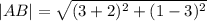 |AB|=\sqrt{(3+2)^2+(1-3)^2}