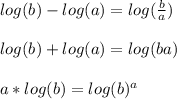 log(b)-log(a)=log(\frac{b}{a})\\\\log(b)+log(a)=log(ba)\\\\a*log(b)=log(b)^a