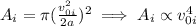 A_i = \pi(\frac{v_{0i}^2}{2a})^2\implies A_i \propto v_{0i}^4