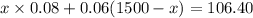 x\times 0.08+0.06(1500-x)=106.40