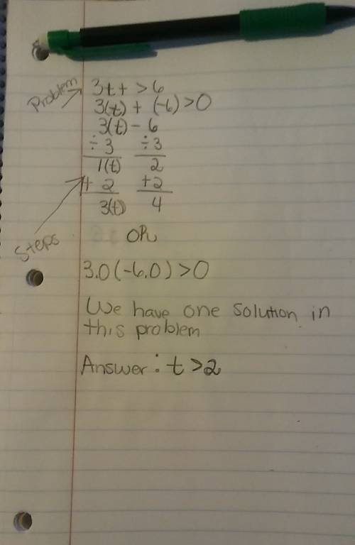 What is the solution of the inequeality 3t+> 6