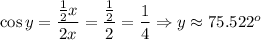 \cos y=\dfrac{\frac{1}{2}x}{2x}=\dfrac{\frac{1}{2}}{2}=\dfrac{1}{4}\Rightarrow y\approx75.522^o