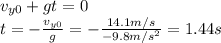v_{y0} + gt=0\\t=-\frac{v_{y0}}{g}=-\frac{14.1 m/s}{-9.8 m/s^2}=1.44 s