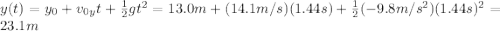 y(t)=y_0 + v_{0y}t + \frac{1}{2}gt^2=13.0 m+(14.1 m/s)(1.44 s)+\frac{1}{2}(-9.8 m/s^2)(1.44 s)^2=23.1 m