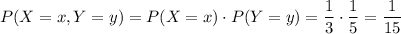 P(X=x, Y=y) = P(X=x)\cdot P(Y=y) =\dfrac{1}{3}\cdot\dfrac{1}{5} = \dfrac{1}{15}