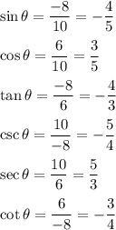 \sin \theta = \dfrac{-8}{10} = -\dfrac{4}{5}\\\\\cos \theta =\dfrac{6}{10} = \dfrac{3}{5}\\\\\tan \theta = \dfrac{-8}{6} = -\dfrac{4}{3}\\\\\csc \theta = \dfrac{10}{-8} = -\dfrac{5}{4}\\\\\sec \theta = \dfrac{10}{6} = \dfrac{5}{3}\\\\\cot \theta = \dfrac{6}{-8} = -\dfrac{3}{4}