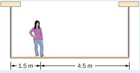 A50-kg person stands 1.5 m away from one end of a uniform 6.0-m-long scaffold of mass 70.0 kg.  find