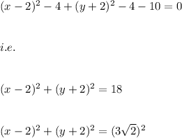 (x-2)^2-4+(y+2)^2-4-10=0\\\\\\i.e.\\\\\\(x-2)^2+(y+2)^2=18\\\\\\(x-2)^2+(y+2)^2=(3\sqrt{2})^2