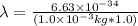\lambda=\frac{6.63\times10^{-34}}{(1.0\times10^{-3}kg*1.0)}