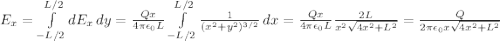 E_x = \int\limits^{L/2}_{-L/2} {dE_x} \, dy = \frac{Qx}{4\pi\epsilon_0 L}\int\limits^{L/2}_{-L/2} {\frac{1}{(x^2+y^2)^{3/2}}} \, dx = \frac{Qx}{4\pi\epsilon_0 L}\frac{2L}{x^2\sqrt{4x^2+L^2}} = \frac{Q}{2\pi\epsilon_0x\sqrt{4x^2+L^2}}