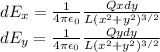 dE_x = \frac{1}{4\pi\epsilon_0}\frac{Qxdy}{L(x^2+y^2)^{3/2}}\\dE_y = \frac{1}{4\pi\epsilon_0}\frac{Qydy}{L(x^2+y^2)^{3/2}}