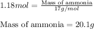1.18mol=\frac{\text{Mass of ammonia}}{17g/mol}\\\\\text{Mass of ammonia}=20.1g