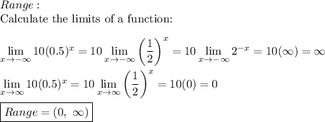 Range:\\\text{Calculate the limits of a function:}\\\\\lim\limits_{x\to-\infty}10(0.5)^x=10\lim\limits_{x\to-\infty}\left(\dfrac{1}{2}\right)^x=10\lim\limits_{x\to-\infty}2^{-x}=10(\infty)=\infty\\\\\lim\limits_{x\to\infty}10(0.5)^x=10\lim\limits_{x\to\infty}\left(\dfrac{1}{2}\right)^x=10(0)=0\\\\\boxed{Range=(0,\ \infty)}
