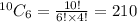 ^{10}C_6=\frac{10!}{6!\times 4!}=210