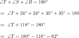 \angle{T}+\angle{S}+\angle{R}=180^{\circ}\\\\\Rightarrow\ \angle{T}+24^{\circ}+24^{\circ}+35^{\circ}+35^{\circ}=180\\\\\Rightarrow\ \angle{T}+118^{\circ}=180^{\circ}\\\\\Rightarrow\ \angle{T}=180^{\circ}-118^{\circ}=62^{\circ}