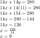 14x + 14y=280\\14x+ 14(11)=280\\14x+154=280\\14x=280-144\\14x=126\\x=\frac{126}{14} \\x=9