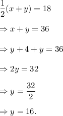 \dfrac{1}{2}(x+y)=18\\\\\Rightarrow x+y=36\\\\\Rightarrow y+4+y=36\\\\\Rightarrow 2y=32\\\\\Rightarrow y=\dfrac{32}{2}\\\\\Rightarrow y=16.