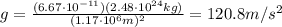 g=\frac{(6.67\cdot 10^{-11})(2.48\cdot 10^{24}kg)}{(1.17\cdot 10^6 m)^2}=120.8 m/s^2