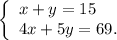 \left\{\begin{array}{l}x+y=15\\4x+5y=69.\end{array}\right.