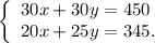 \left\{\begin{array}{l}30x+30y=450\\20x+25y=345.\end{array}\right.