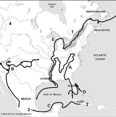 Which letter on the map indicates the routes taken by french explorers
