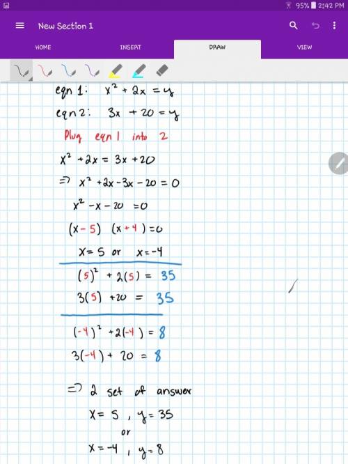 Solve the system of equations algebraically. show all of your steps. y=x^2+2x y=3x+20
