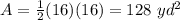 A=\frac{1}{2}(16)(16)=128\ yd^{2}