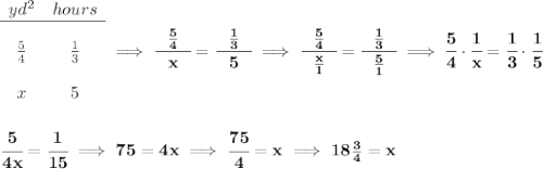 \bf \begin{array}{ccll} yd^2&hours\\ \cline{1-2}\\ \frac{5}{4}&\frac{1}{3}\\\\ x&5 \end{array}\implies \cfrac{~~\frac{5}{4}~~}{x}=\cfrac{~~\frac{1}{3}~~}{5}\implies \cfrac{~~\frac{5}{4}~~}{\frac{x}{1}}=\cfrac{~~\frac{1}{3}~~}{\frac{5}{1}}\implies \cfrac{5}{4}\cdot \cfrac{1}{x}=\cfrac{1}{3}\cdot \cfrac{1}{5} \\\\\\ \cfrac{5}{4x}=\cfrac{1}{15}\implies 75=4x\implies \cfrac{75}{4}=x\implies 18\frac{3}{4}=x