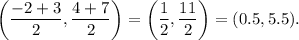 \left(\dfrac{-2+3}{2},\dfrac{4+7}{2}\right)=\left(\dfrac{1}{2},\dfrac{11}{2}\right)=(0.5,5.5).