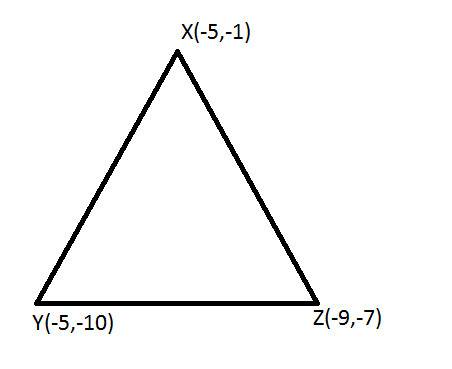 What is the area of the triangle whose vertices are x(−5, −1)) , y(−5, −10)) , and z(−9, −7) ?   sqa