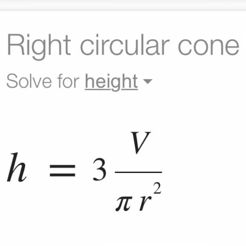 The formula for the volume, v, of a cone having the radius, r, and the height, h, is shown below. wr