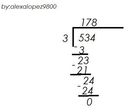 Can i see a long division version of 534÷3 and have it solved with the work