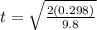 t = \sqrt{\frac{2(0.298)}{9.8}}