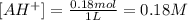 [AH^+]=\frac{0.18 mol}{1 L}=0.18 M