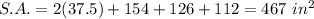 S.A.=2(37.5)+154+126+112=467\ in^2