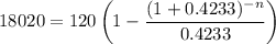 18020=120\left(1-\dfrac{(1+0.4233)^{-n}}{0.4233}\right)