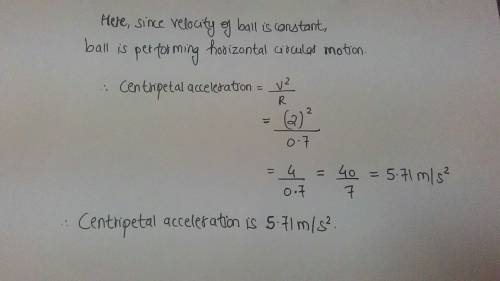 A4.0 kg ball is attached to 0.70 m string and spun at 2.0 m/s. what is the centripetal acceleration